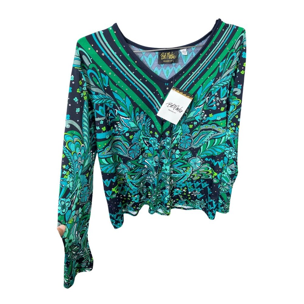Bob Mackie Wearable Art Womens Green & Black Floral Blouse Size L